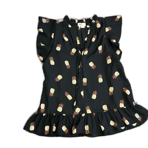 Kate Spade NY Black Yellow Pineapple Print V-Neck Ruffle Hem Blouse Size XXS - Picture 2 of 13
